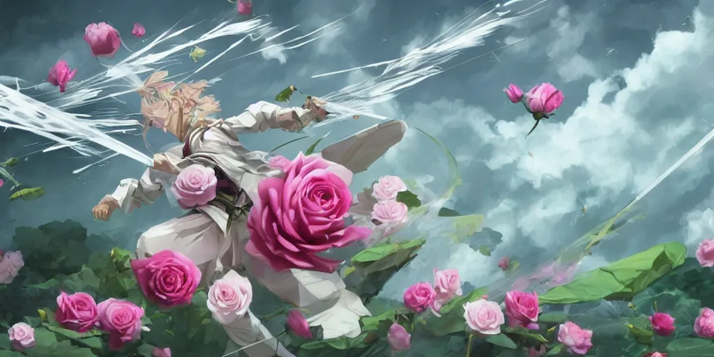 Image similar to floating flying longswords slicing through a bouquet of white and pink roses, flowers exploding and spraying, big puffy clouds, sharp rain, large rose petals, lotus petals, large polygonal background elements, large polygons, dramatic anime, dramatic lighting, artgerm, manga, trending on artstation, art nouveau, mature colors