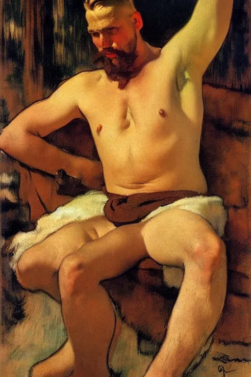 Image similar to attractive male, viking, painting by j. c. leyendecker, edgar degas