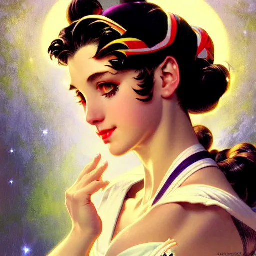 Image similar to head and shoulders Portrait of Sailor Moon, dark fantasy, medium shot, intricate, elegant, highly detailed, digital painting, volumetric light, artstation, concept art, smooth, sharp focus, illustration, art by Gil Elvgren and Greg Rutkowski and Alphonse Mucha