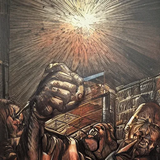 Image similar to A strong Glaswegian welder leaving work for the day, in the style of Peter Howson,