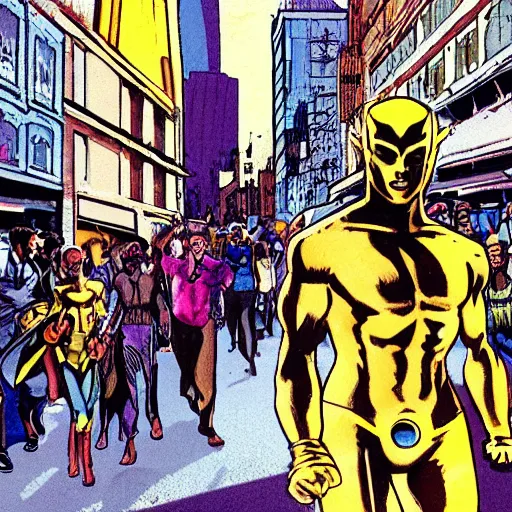 Prompt: afrofuturist man with short hair in a crowded busy street wearing gold jewelry, simple, cyberpunk, far shot, full body shot, 1970s X-Men art style