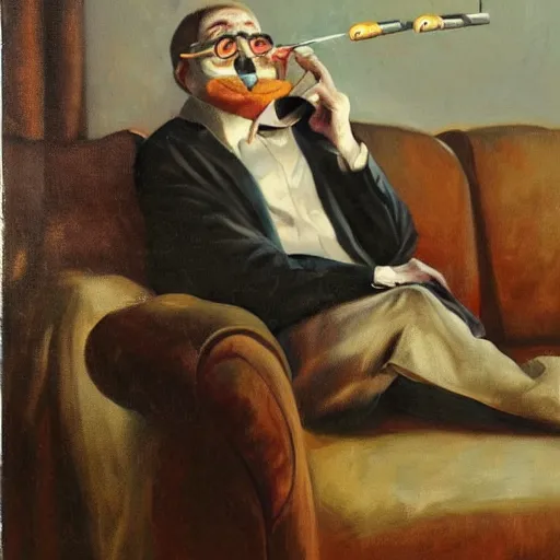 Image similar to portrait of an owl man sitting on a couch smoking a pipe, realistic masterpiece