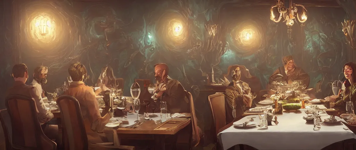 Image similar to a beautiful painting of cthulu dining at a fancy restaurant sitting across the table from a blind date | unreal engine :. 4 | global illumination, radiant soft light, detailed, intricate :. 6