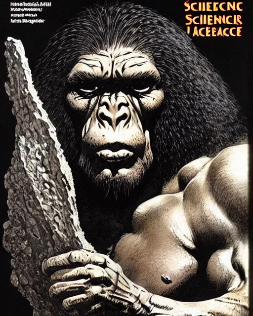 Image similar to neanderthal read science book about him, heavey metal magazine cover, character portrait, portrait, close up, concept art, intricate details, highly detailed, in the style of frank frazetta, esteban maroto, richard corben, pepe moreno, matt howarth, stefano tamburini, tanino liberatore, luis royo and alex ebel