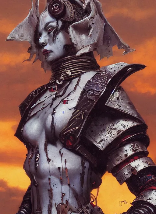 Prompt: portrait of a diabolical cyborg clown samurai girl, torn cape, adaptive armor, dynamic pose, heavy eyes to the side, ancient ruins, glowing veins subsurface scattering, in clouds, sunset, portrait, by gerald brom, by mikhail vrubel, by peter elson, muted colors, extreme detail, reflections, trending on artstation, 8 k