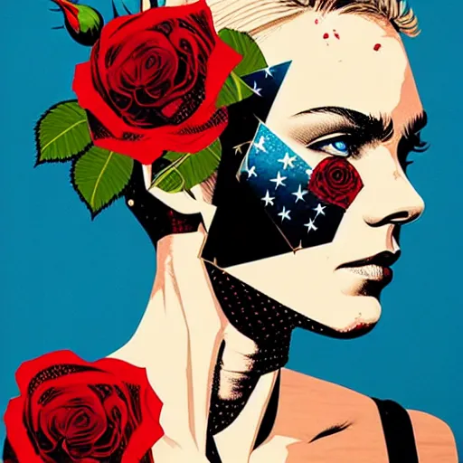 Image similar to portrait of american woman :: side profile :: in ocean :: roses and guns metal details :: gold :: blood and horror :: by marvel and Sandra Chevrier