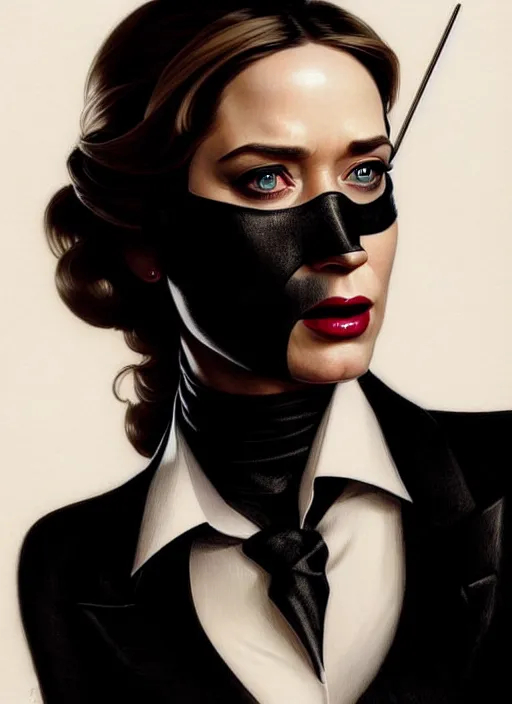 Image similar to portrait of emily blunt with snake eyes as business woman, black suit, white shirt, black tie, intricate, headshot, highly detailed, digital painting, artstation, concept art, sharp focus, cinematic lighting, illustration, art by artgerm and greg rutkowski, alphonse mucha, cgsociety