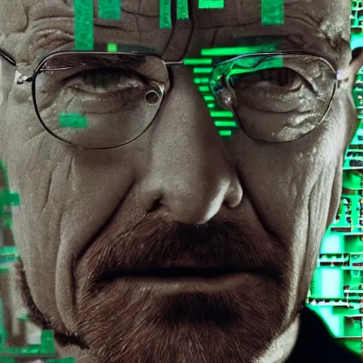 Prompt: close up still of walter white seeing the matrix code, highly detailed face, highly detailed skin, award winning scene, photography, photo, beautiful glitching green matrix code