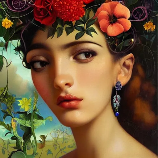 Prompt: dynamic composition, a painting of a dominican woman with hair of ( summer flowers )!! and vines wearing ornate earrings, ornate gilded details, a surrealist painting by tom bagshaw and jacek yerga and tamara de lempicka and jesse king, featured on cgsociety, pop surrealism, surrealist, dramatic lighting, voodoo!!, pre - raphaelite