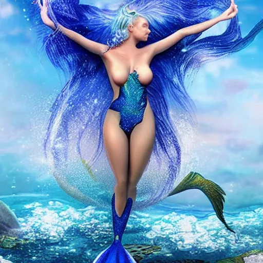 Prompt: an extremely realistic photoart of a fantastic realistic mermaid with an ultra perfect and ultra detailed wild face with beautiful, ultra detailed wild blue eyes a fantastic crown of diamons and a galaxy realistic tail, wearing a two-piece swimsuit full art