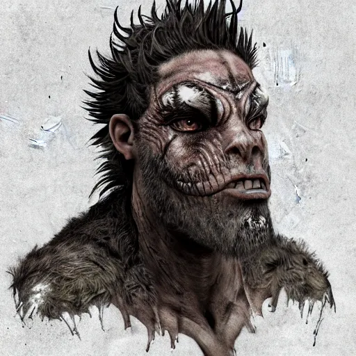 Prompt: berserker, wild ancient Irish, man with messy beard, wild hair, dinosaur skin cloak, dinosaur mask, dirt on face, dinosaur tattoo on face, wild look in his eyes, white background, highly detailed illustration, character design, art station, award winning