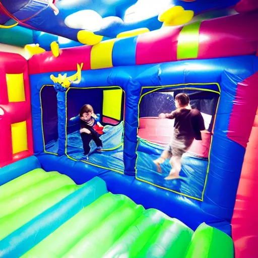 Image similar to a darkly lit indoor children's bounce house photo taken with a deposable camera limital space