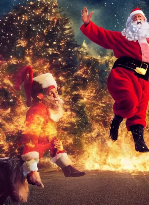 Image similar to Santa and Jesus' Totally Radical Adventure, action shot of them jumping away from an explosion towards us, cinematic shot, movie