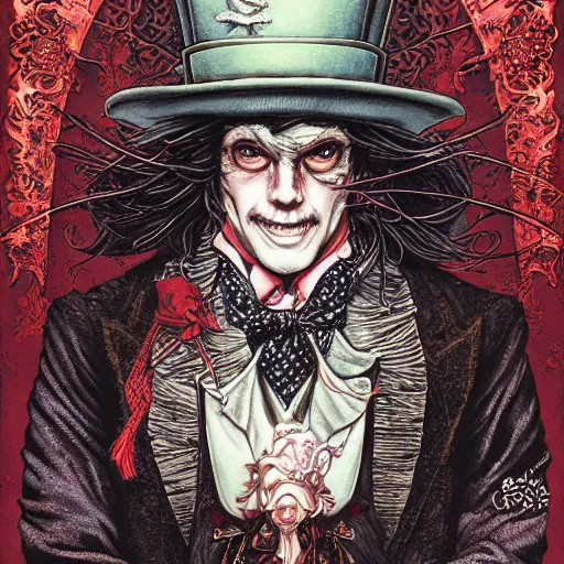 Image similar to portrait of the mad hatter, symmetrical, by yoichi hatakenaka, masamune shirow, josan gonzales and dan mumford, ayami kojima, takato yamamoto, barclay shaw, karol bak, yukito kishiro