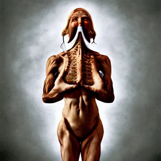 Prompt: the blasphemous caricature of the human body, hyperealistic detailed photography, divinity, awful