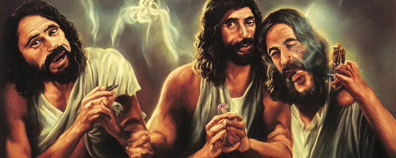 Prompt: jesus christ smoking a blunt, in the style of cheech and chong