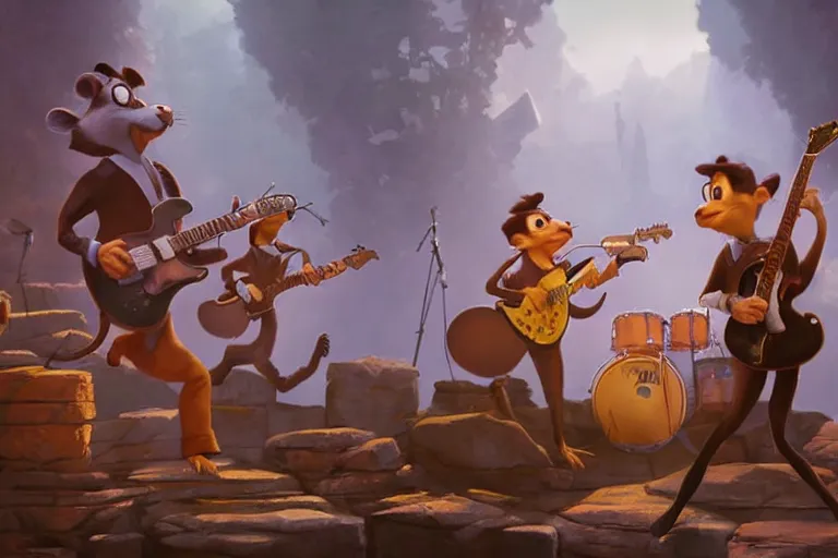 Prompt: rats playing in a rock band inspired by the beatles, beautiful, dreamlike, wholesome, pixar and disney animation, sharp, rendered in unreal engine 5, art by greg rutkowski, bloom, dramatic lighting, brown pallete,