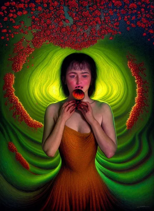 Image similar to hyper detailed 3d render like a Oil painting - Aurora (Singer) Eats of the Strangling Fruit of penance open eyes and Her Hands full of gossamer polyp blossoms bring iridescent fungal flowers whose spores black the foolish stars by Jacek Yerka, Mariusz Lewandowski, Houdini algorithmic generative render, Abstract brush strokes, Masterpiece, Edward Hopper and James Gilleard, Zdzislaw Beksinski, Mark Ryden, Wolfgang Lettl, hints of Yayoi Kasuma, octane render, 8k