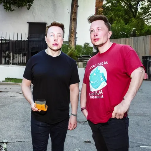 Image similar to elon musk hanging out on grove street, chilling with the ballas