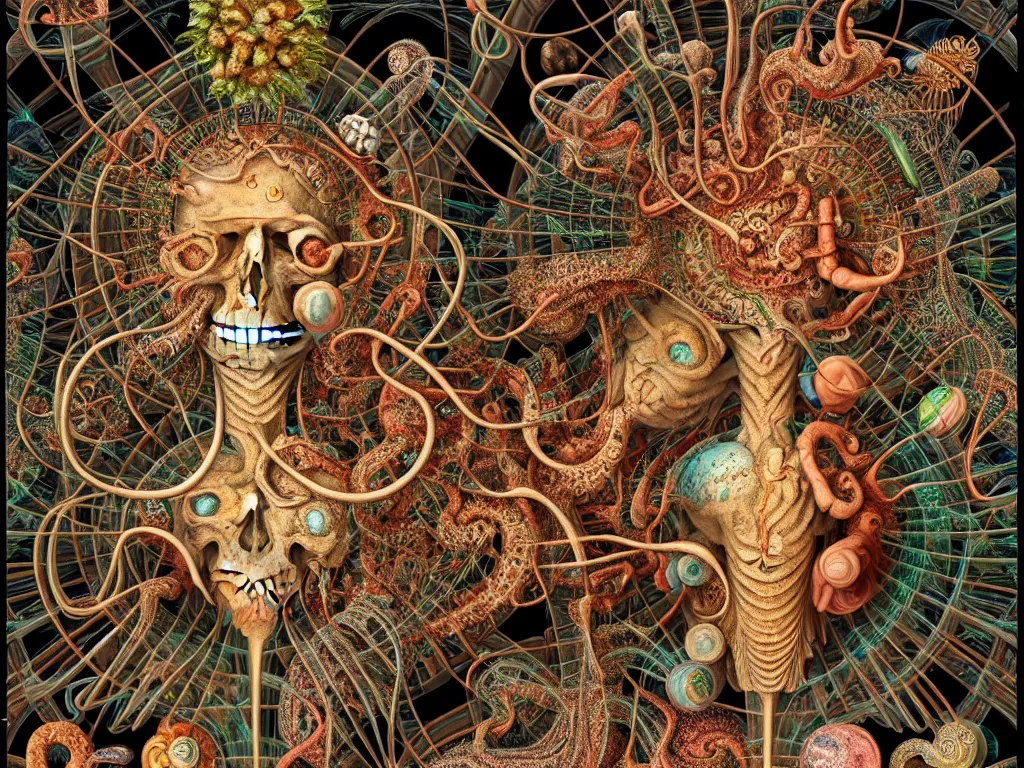 Image similar to humans eating youself in ancient city art by ernst haeckel, fractal, hypermaximalism unreal render engine 8 k