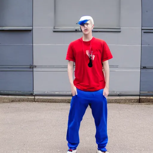 Image similar to a full body shot of an average white, short young - adult man with blue dyed hair holding a microphone, wearing a red backwards cap, white t - shirt with a red no symbol on it, blue long pants and red shoes