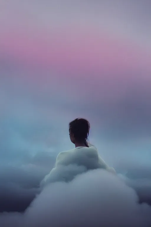 Image similar to high quality pastel coloured film close up wide angle photograph of a model wearing clothing resting on cloud furniture in a icelandic black rock environment in a partially haze filled dreamstate world. three point light, rainbow. photographic production. art directed. pastel colours. volumetric clouds. pastel gradient overlay. waves glitch artefacts. extreme facial clarity. 8 k. filmic.