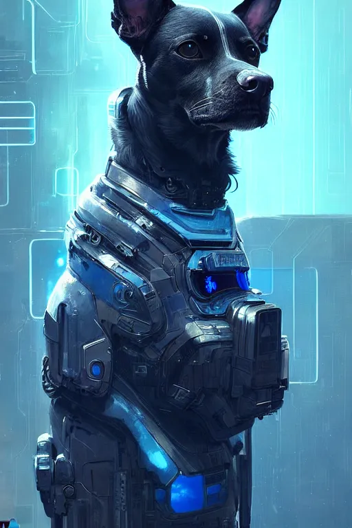 Image similar to a beautiful portrait of a cute cyberpunk dog with blue tinted view of space in the background by greg rutkowski and wlop, digital art, highly detailed, fine detail, intricate, ornate, complex