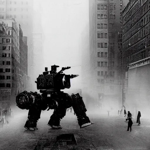 Image similar to old black and white photo, 1 9 1 3, depicting a dieselpunk giant robot mech rampaging through the bustling streets of new york city, historical record, volumetric fog