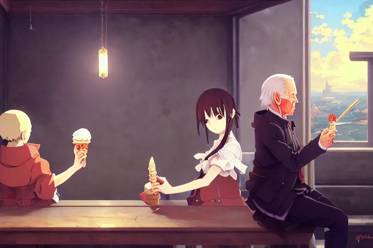 Image similar to baroque oil painting of anime key visual environment concept art of anime girl as joe biden, eating ice cream, brutalist, dark fantasy, rule of thirds, fake hidden detail, trending on pixiv fanbox, acrylic palette knife and brush, style of makoto shinkai studio ghibli genshin impact jamie wyeth james gilleard greg rutkowski