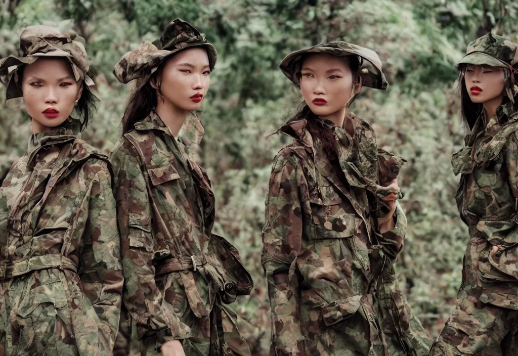 Prompt: fashion editorial in vietnam war. hyperrealistic. detailed. depth of field. high definition. 8k. depth of field. photography.