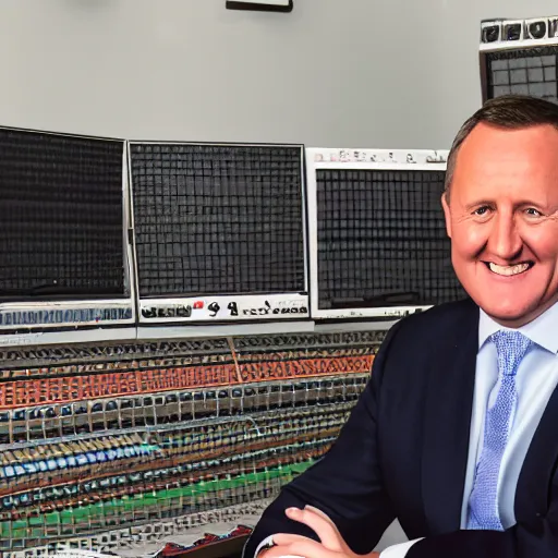 Image similar to a beautiful studio photo portrait of john key, happy and smiling