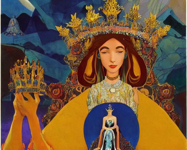 Image similar to a queen wearing a dress and a crown, and a veil on a stone throne by nicholas roerich, by gustave moreau, by james hawe, by yoshitaka amano, by georgia o keeffe, oil painting