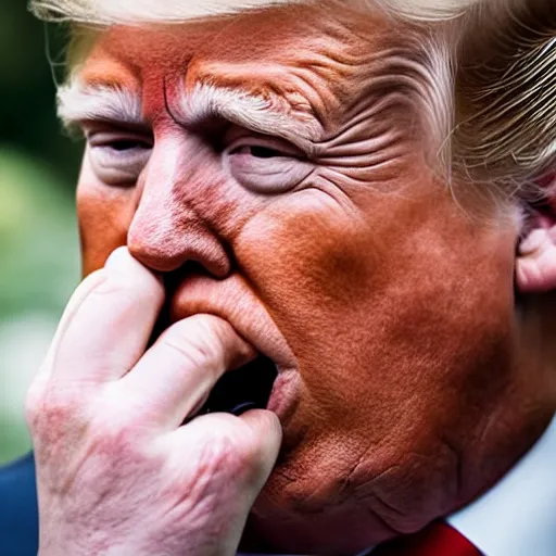 Image similar to candid portrait photo of president trump shoving a wad of paper into his mouth, eating stacks of paper, detailed portrait, 4 k, megapixel, sony a 7 s, f / 8, 2 4 mm lens, ap photo