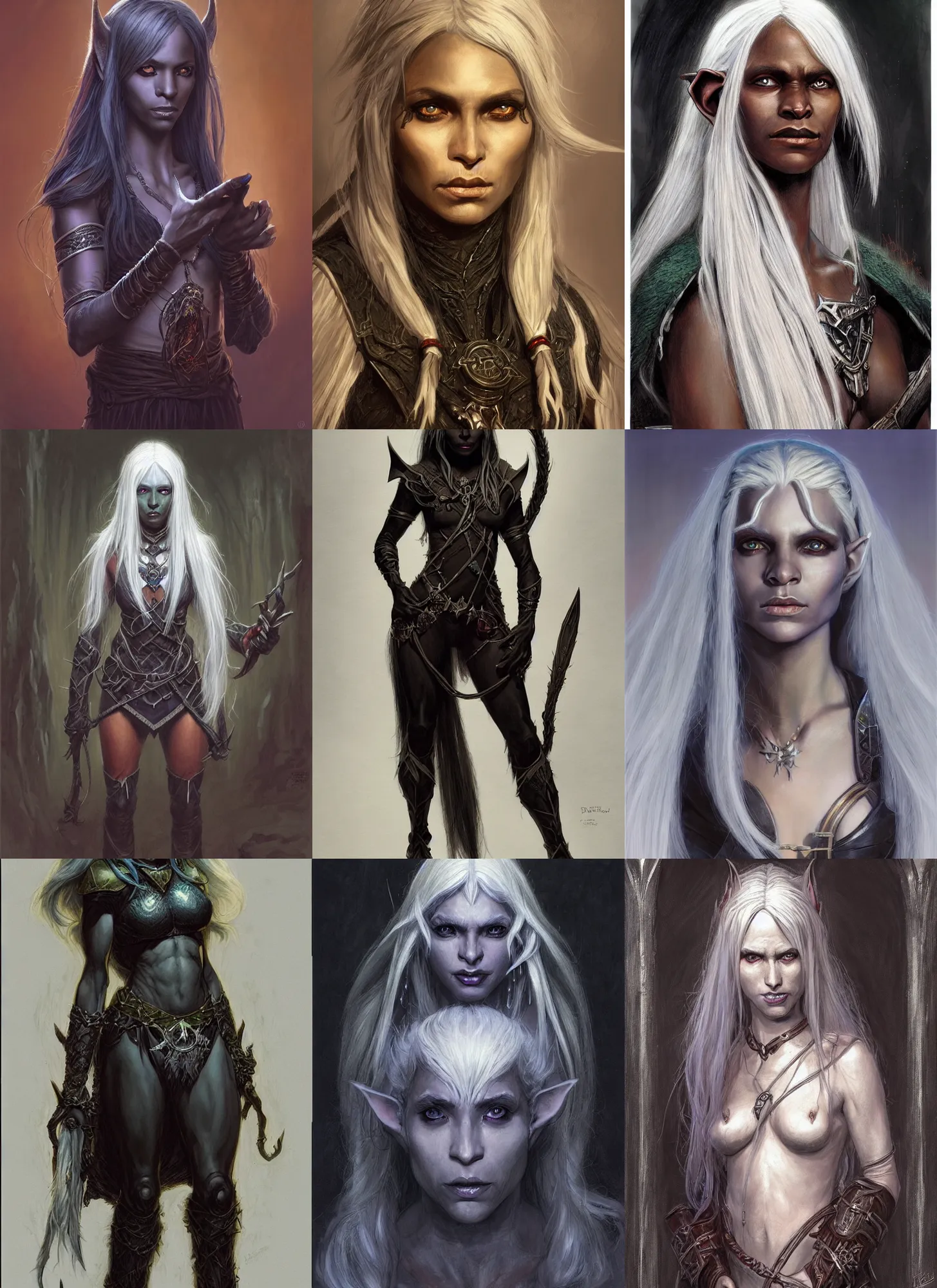 Prompt: a portrait of a female drow elf, pitchblack skin, naive, innocent, worried, young adult, long white hair, style by donato giancola, wayne reynolds, jeff easley dramatic light, high detail, cinematic lighting, artstation, dungeons and dragons