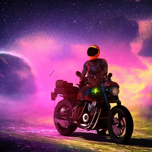 Image similar to a motorcycle floating in space inside magic colorful glowing sparkling fog, starry sky, tranquil, desolate, atmospheric, hazy, autochrome, 8k, photo, octane render, unreal engine 5