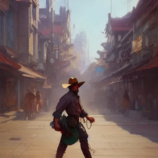 Prompt: cowboy walking into town, highly detailed, digital painting, artstation, concept art, smooth, sharp focus, illustration, art by artgerm and greg rutkowski and alphonse mucha