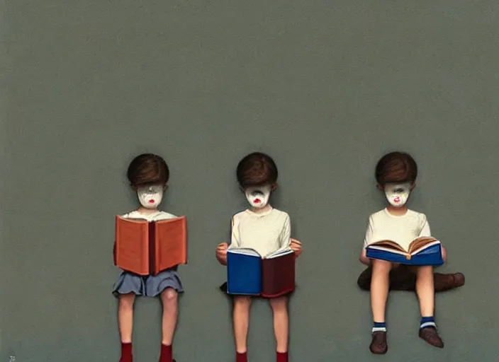 Prompt: a very boring day in school, kids wearing identical clothes reading books, teachers without faces, painting by quint buchholz and ray caesar, muted colors, gray, dull, boring, low energy, pale blue faces, very detailed