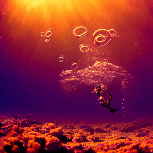 Prompt: deep underwater photo with nothing but water and bubbles and a tiny cyborg in the center. Cinematic post-processing. Award winning