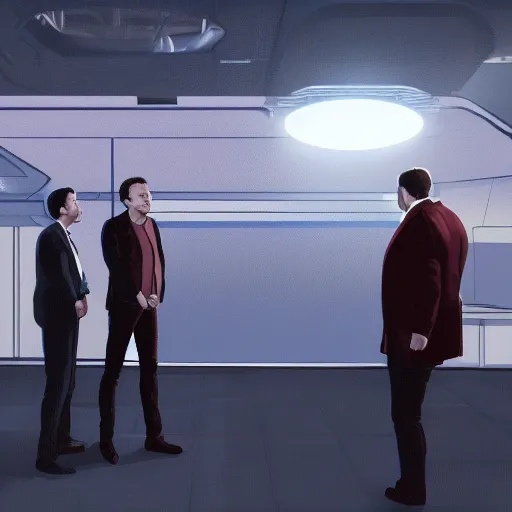 Prompt: Illustration of a meeting between Elon Musk, Jeff Bezos and Mark Zuckenberg, very detailled face, cgs society, very details, comic style, unreal engine, octane render, 8k
