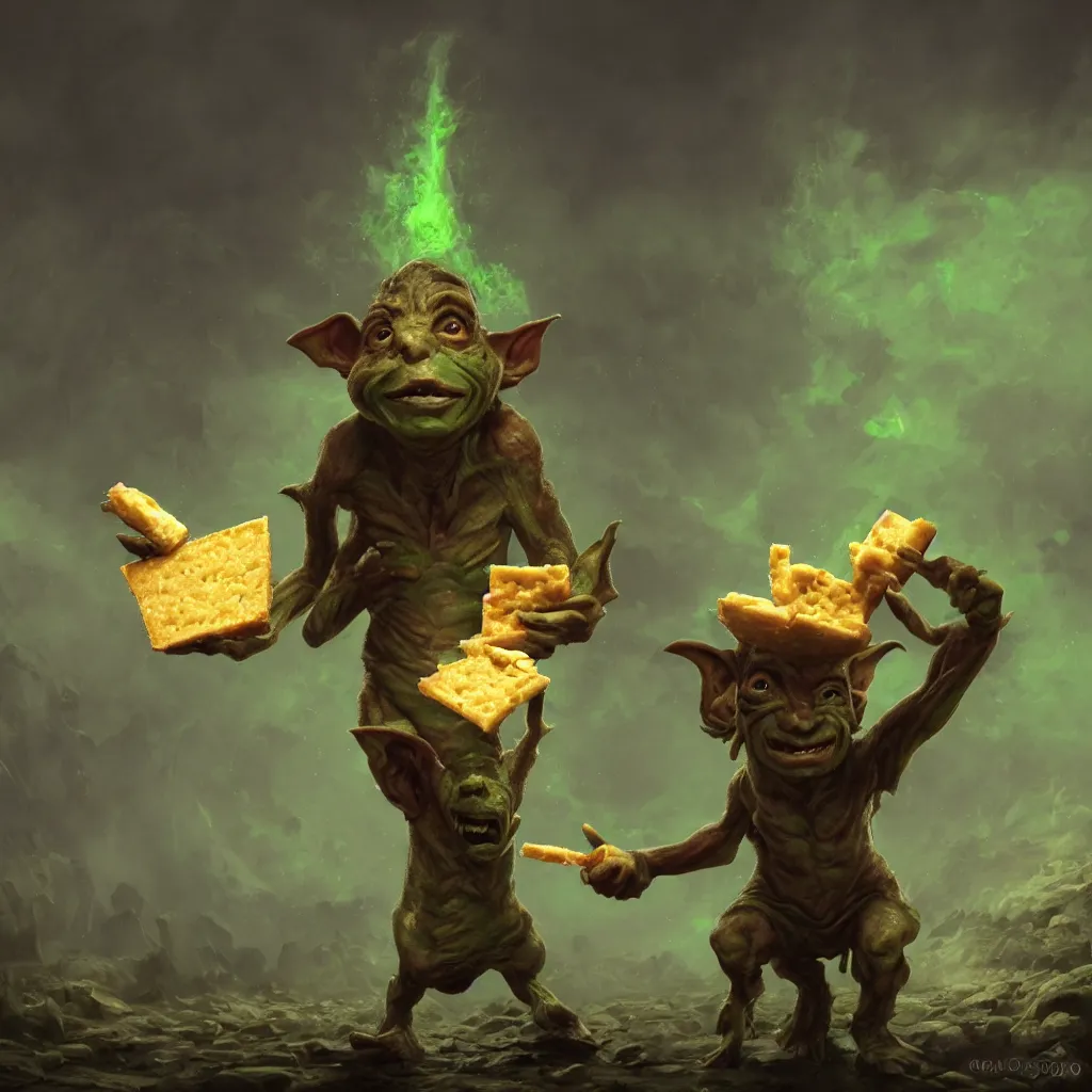 Prompt: Photorealistic fantasy painting of one single D&D goblin holding swiss cheese. Ominous green mist in the background. Magical occult photorealism, UHD, amazing depth, glowing, golden ratio, 3D octane cycle unreal engine 5, volumetric lighting, cinematic lighting, cgstation artstation concept art