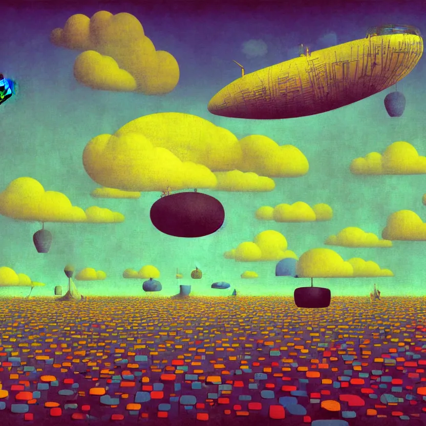 Image similar to surreal glimpse into other universe, airship floating sky, summer morning, very coherent and colorful high contrast, art by! gediminas pranckevicius, rene magritte! paul klee geof darrow, volumetric lighting, cinematic, floralpunk screen printing woodblock, dark shadows, hard lighting, stipple brush