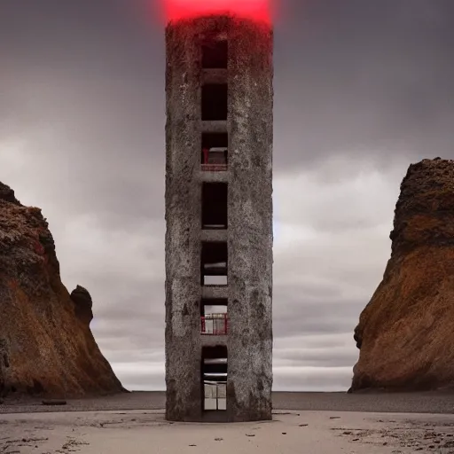 Prompt: an old robust concrete brutalist observation tower from ww 2 with red light coming from inside. the tower stands in a icelandic beach, black sand beach, blue hour, cloudy day, painted by filip hodas, digital art, award winning, trending on artstation