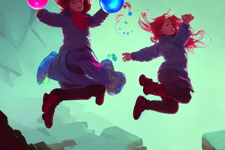 Image similar to madeline from celeste jumping to a green jelly bubble, blue bubble jacket red long hair, highly detailed, digital painting, artstation, concept art, sharp focus, illustration, art by greg rutkowski and alphonse mucha