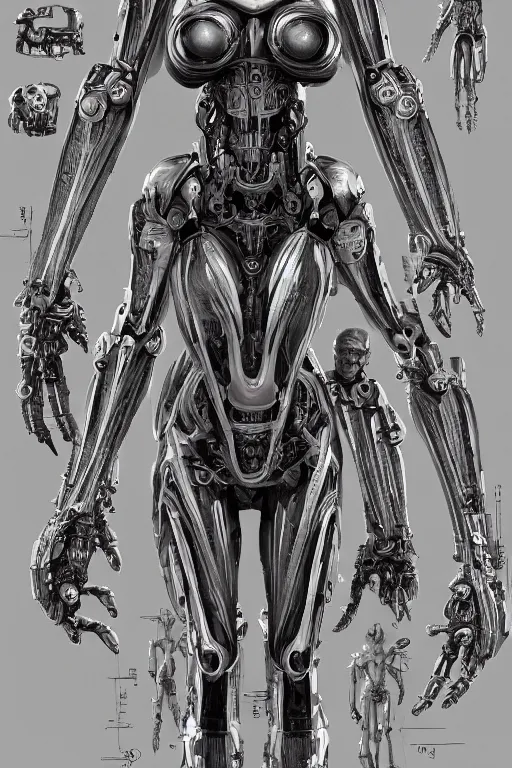 Prompt: cyborg queen with gunmetal grey skin, medical anatomy, very symmetrical face, highly detailed, mecha, three - perspective / three - view reference sheet ( front / back / side ), in the style of james gurney, dan ouellette, hr giger, sil from species, dren from splice, biomechanical, artstation, unreal engine