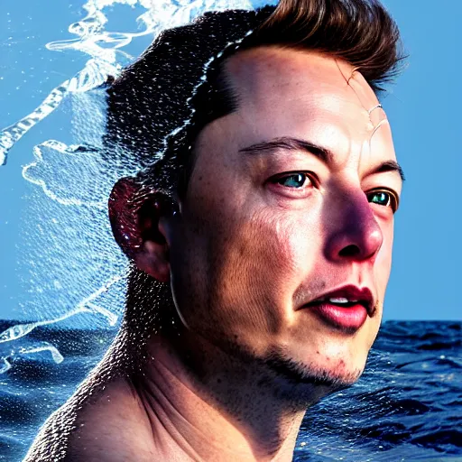 Prompt: water artwork manipulation in the shape of the head of elon musk, on the ocean water, ray tracing, realistic water sharp focus, long shot, 8 k resolution, cinematic, amazing water art