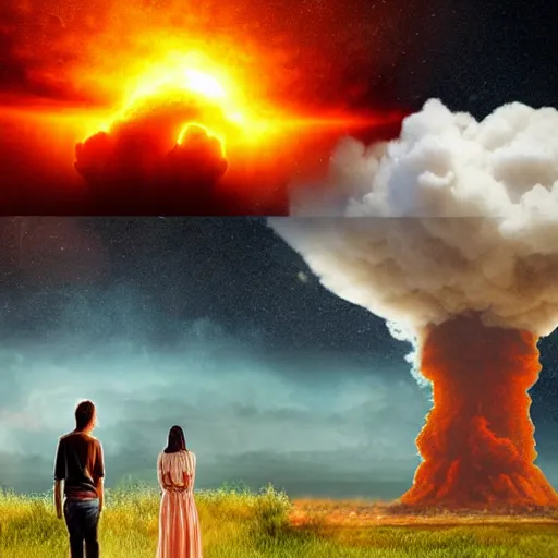 Prompt: a young couple watching a nuclear explosion, romantic, mushroom cloud, uplifting, happy, apocalytic detailed digital matte painting