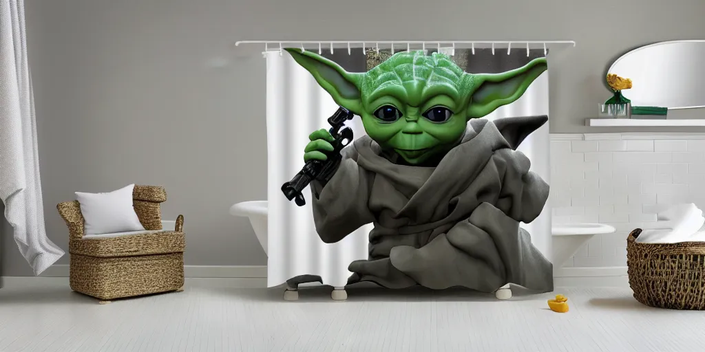 Prompt: a ( ( ( ( ( mando mandalorian ) ) ) ) ) baby yoda playing and running themed shower curtain, shower curtain. product photography. product lighting. digital art. 4 k, highly detailed. saturated. photorealistic.