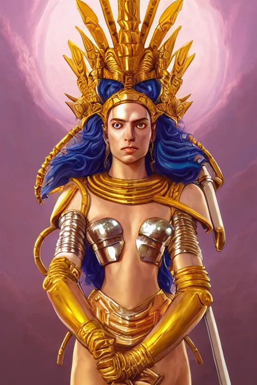 Image similar to The Godess Hera looking angry, detailed armor, portrait radiating a glowing aura, highly detailed, digital painting, artstation, concept art, smooth, sharp focus, beautiful face, symmetric face, enchanted, official fanart, behance, HD, artstation, blue and yellow theme, by Jesper Ejsing and RHADS and Makoto Shinkai and Lois van baarle and Ilya Kuvshinov and Ross Tran