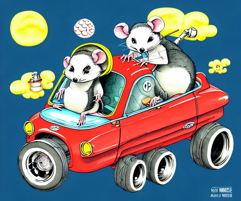 Image similar to cute and funny, opossum wearing a helmet riding in a tiny hot rod with oversized engine, ratfink style by ed roth, centered award winning watercolor pen illustration, isometric illustration by chihiro iwasaki, edited by range murata, tiny details by artgerm and watercolor girl, symmetrically isometrically centered, focused