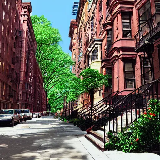 Image similar to nyc upper west side city street, brownstones, photorealistic